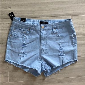 High waist distressed mini jean shorts